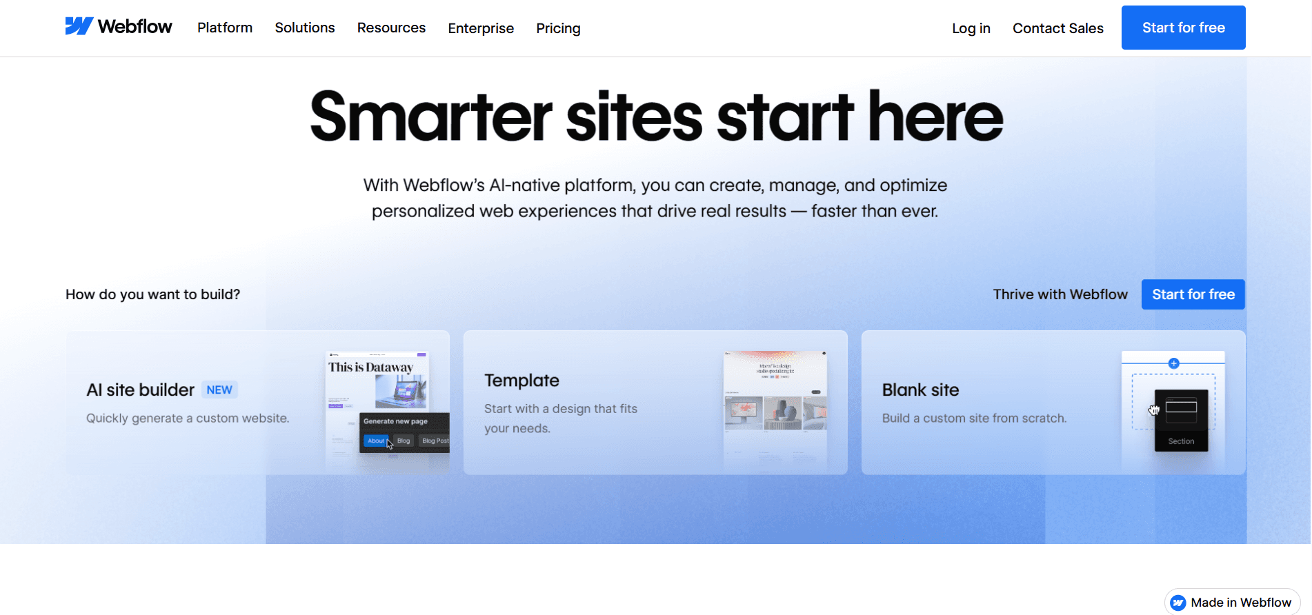Homepage of the Webflow website