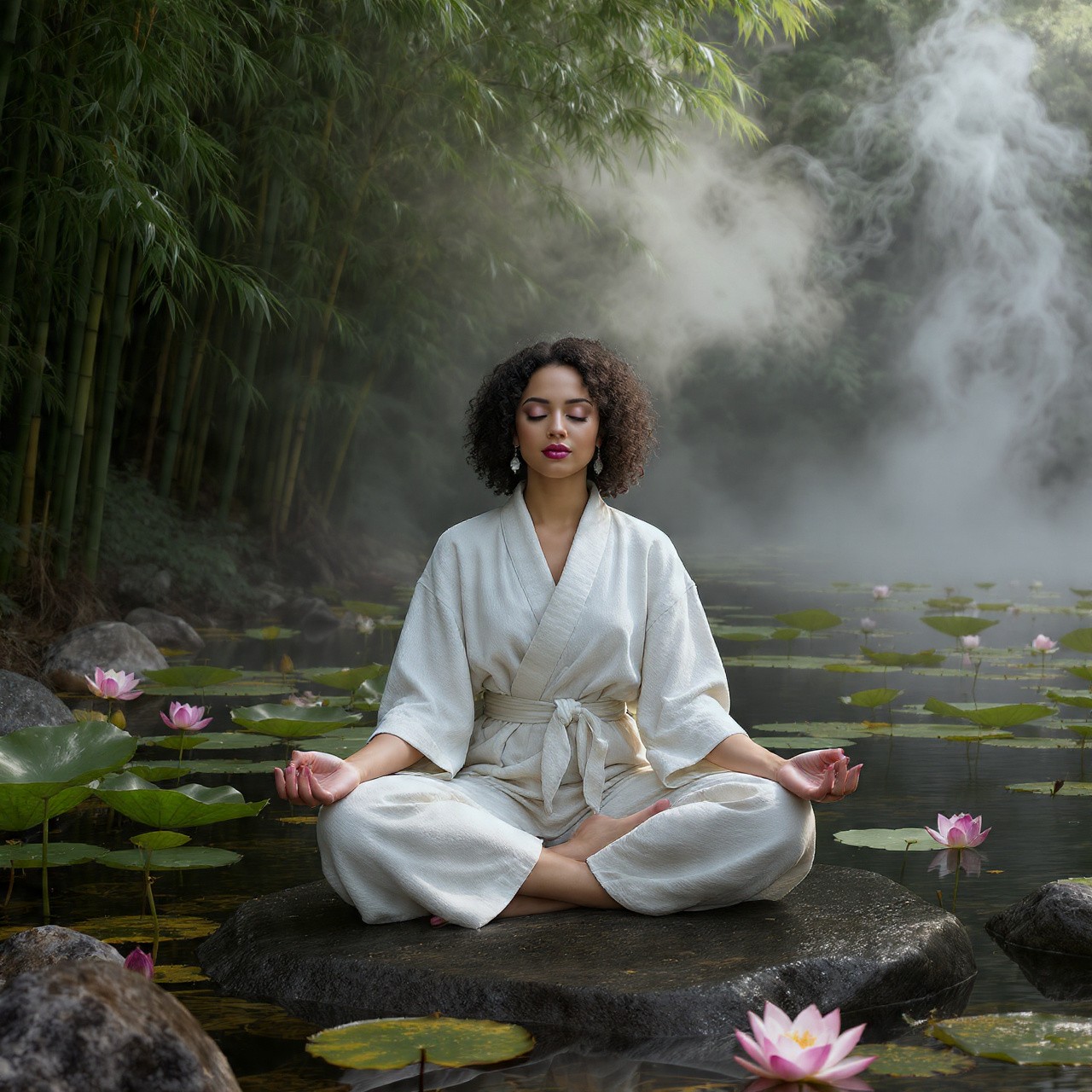 A woman in a white robe meditates on a stone surrounded by a serene pond with pink lotus flowers. Bamboo and mist create a calm, tranquil atmosphere.