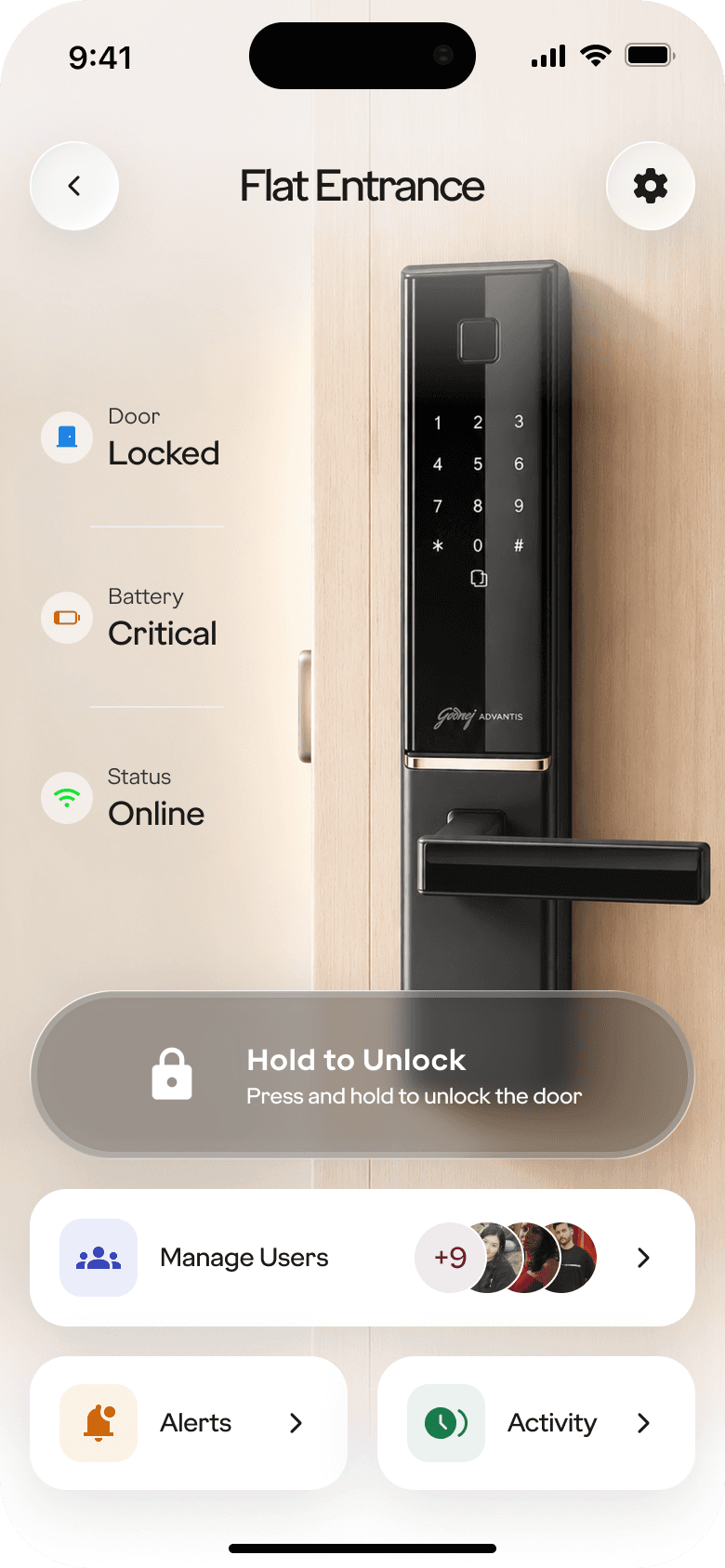 Godrej device page exploration for Flat Entrance: door, battery and status, Hold to Unlock, Manage Users, Alerts and Activity