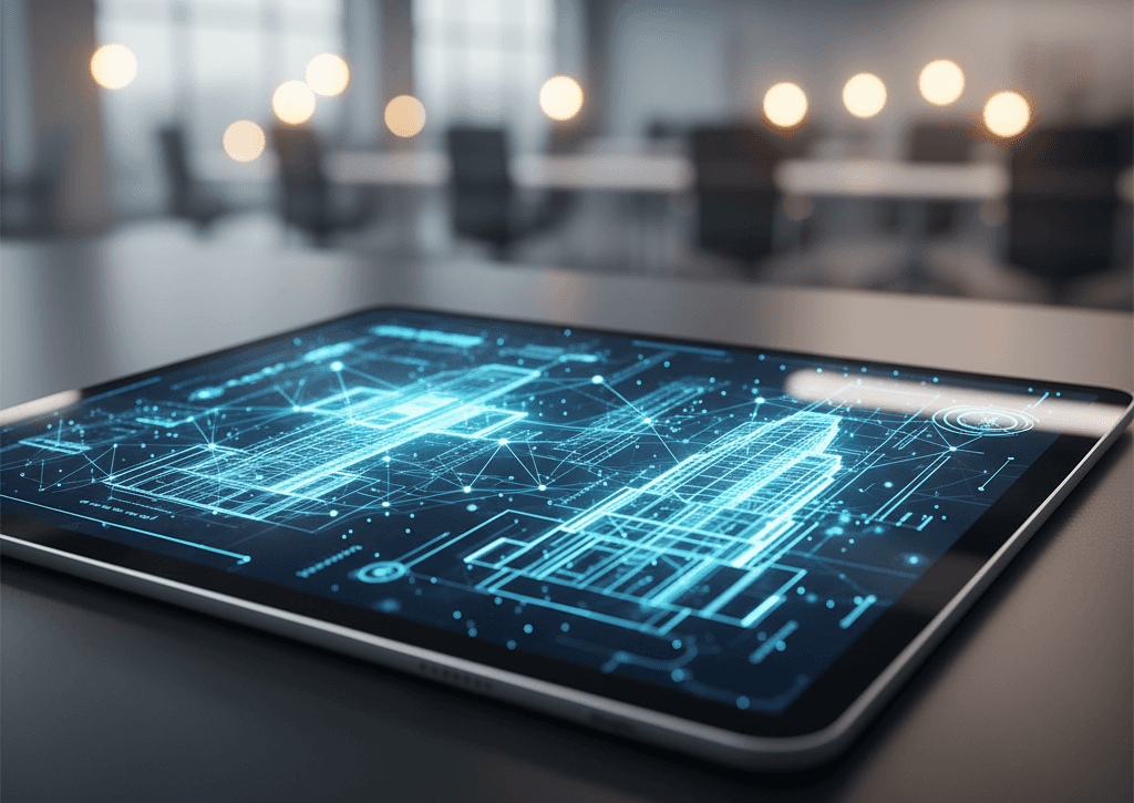 tablet on desk with real estate virtual render