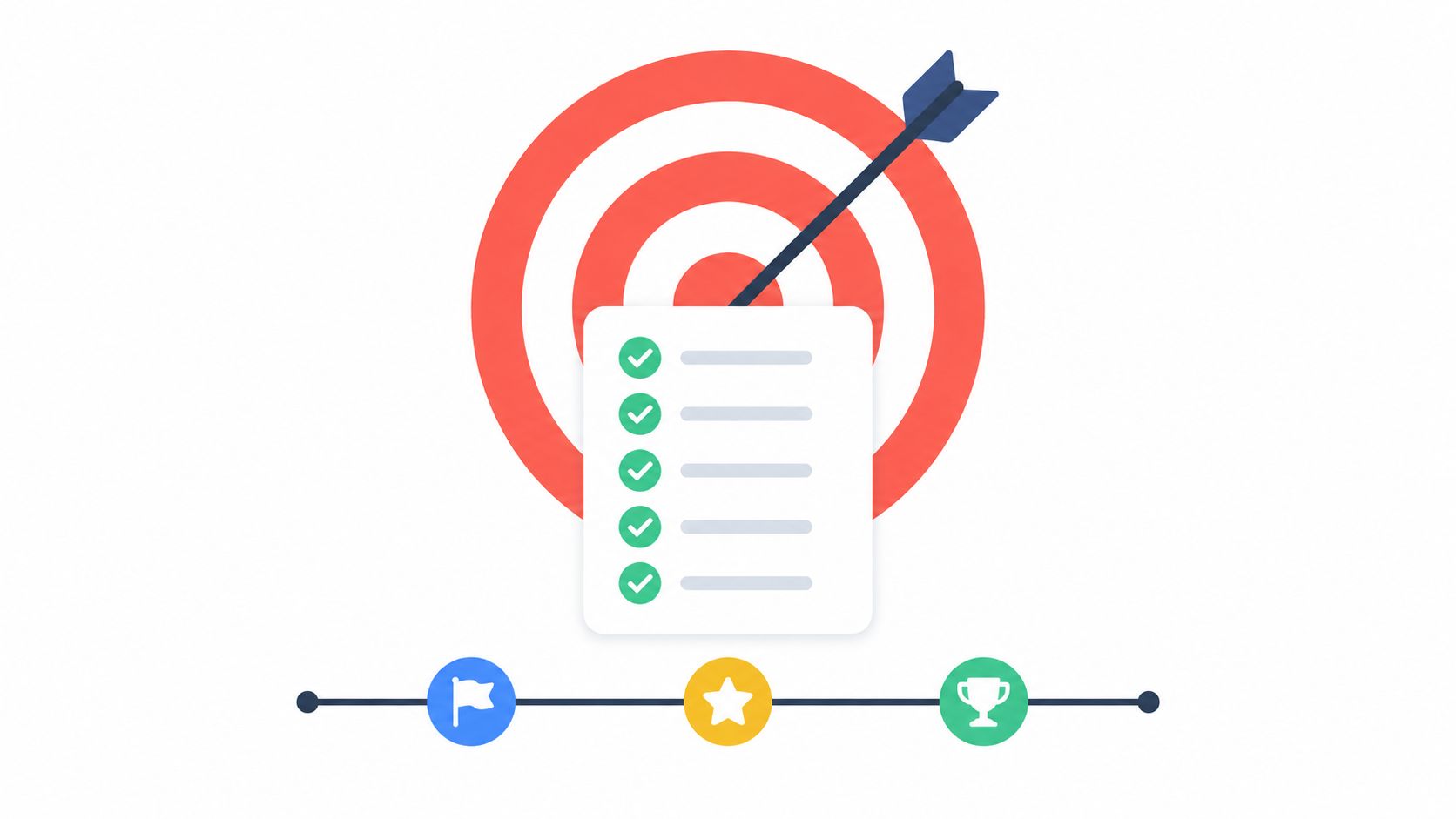 An illustration of a target with an arrow, a checklist, and icons representing goals and achievements.