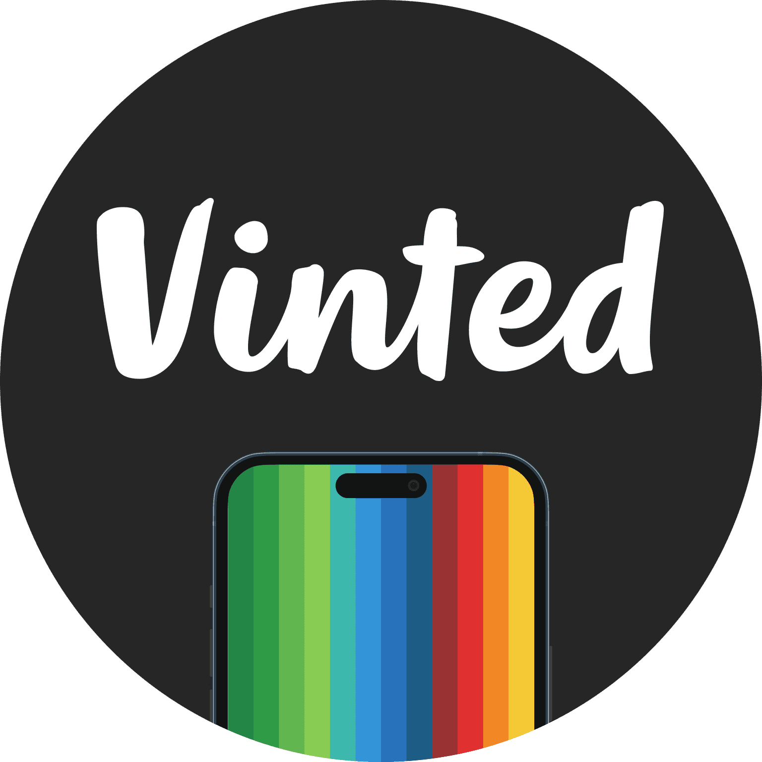 Logo de Vinted, con la palabra "Vinted" en letra blanca sobre un círculo negro, con un icono de bolso colorido debajo.