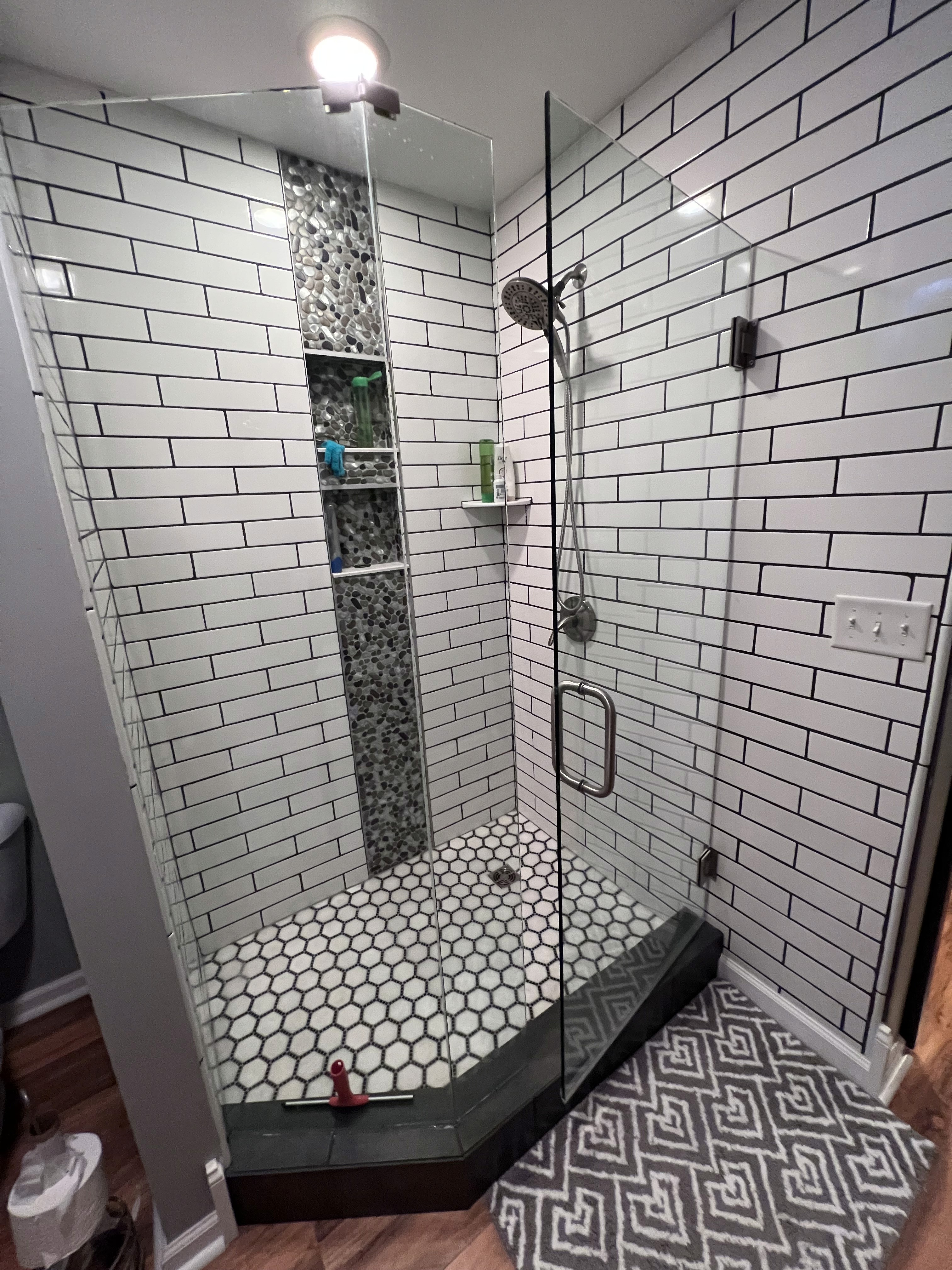 Subway Tile Shower with Mosaic Ribbon, Twin Niches