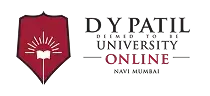 The image shows the logo of DY Patil University Online, featuring a maroon shield with an open book and radiating lines, emphasizing its focus on UG/PG online degree programs and unbiased counselling, aligned with EazyGrad's educational offerings.