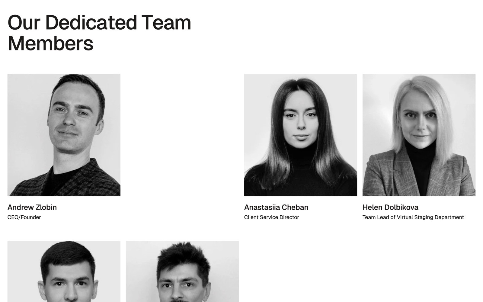 Black and white headshots of Andrew Zlobin, Anastasiia Cheban, and Helen Dolbikova with their job titles.
