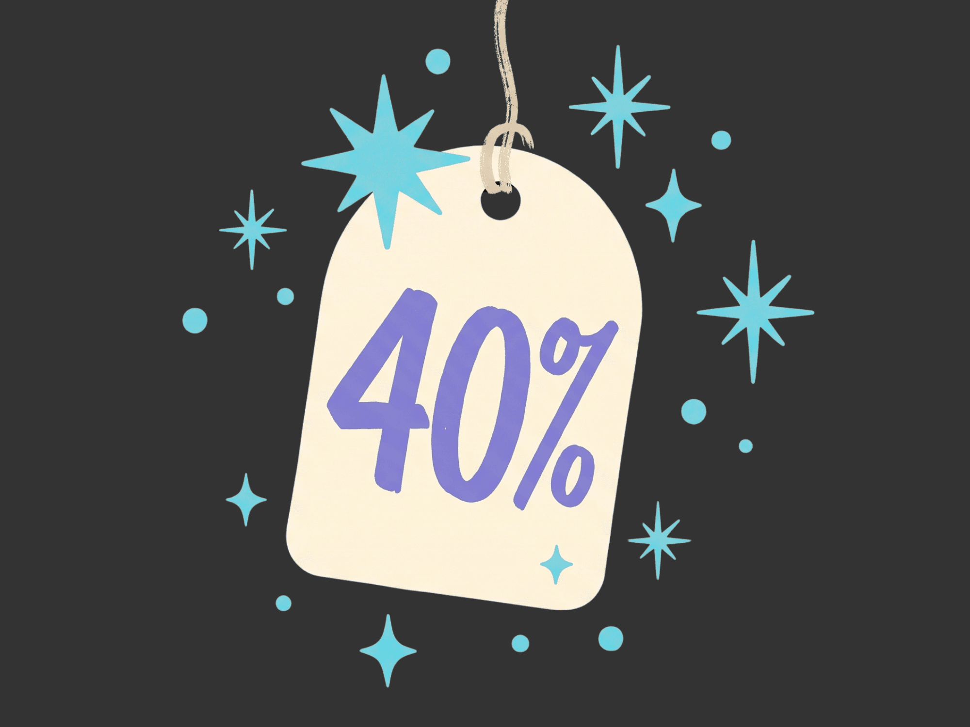 Hand-drawn cream price tag reading '40%' in periwinkle lettering, hanging from a string and surrounded by teal sparkles on a dark charcoal background, representing a moderate holiday discount.