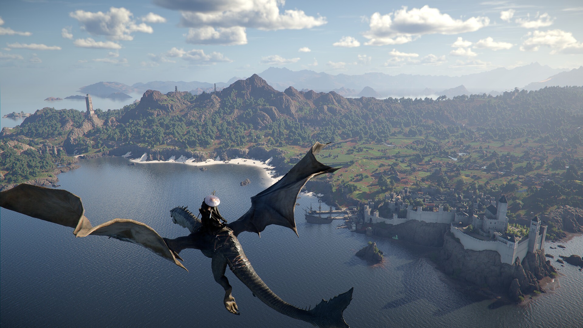 Exploration aérienne avec un dragon dans Crimson Desert montrant un vaste monde ouvert avec châteaux et paysages détaillés