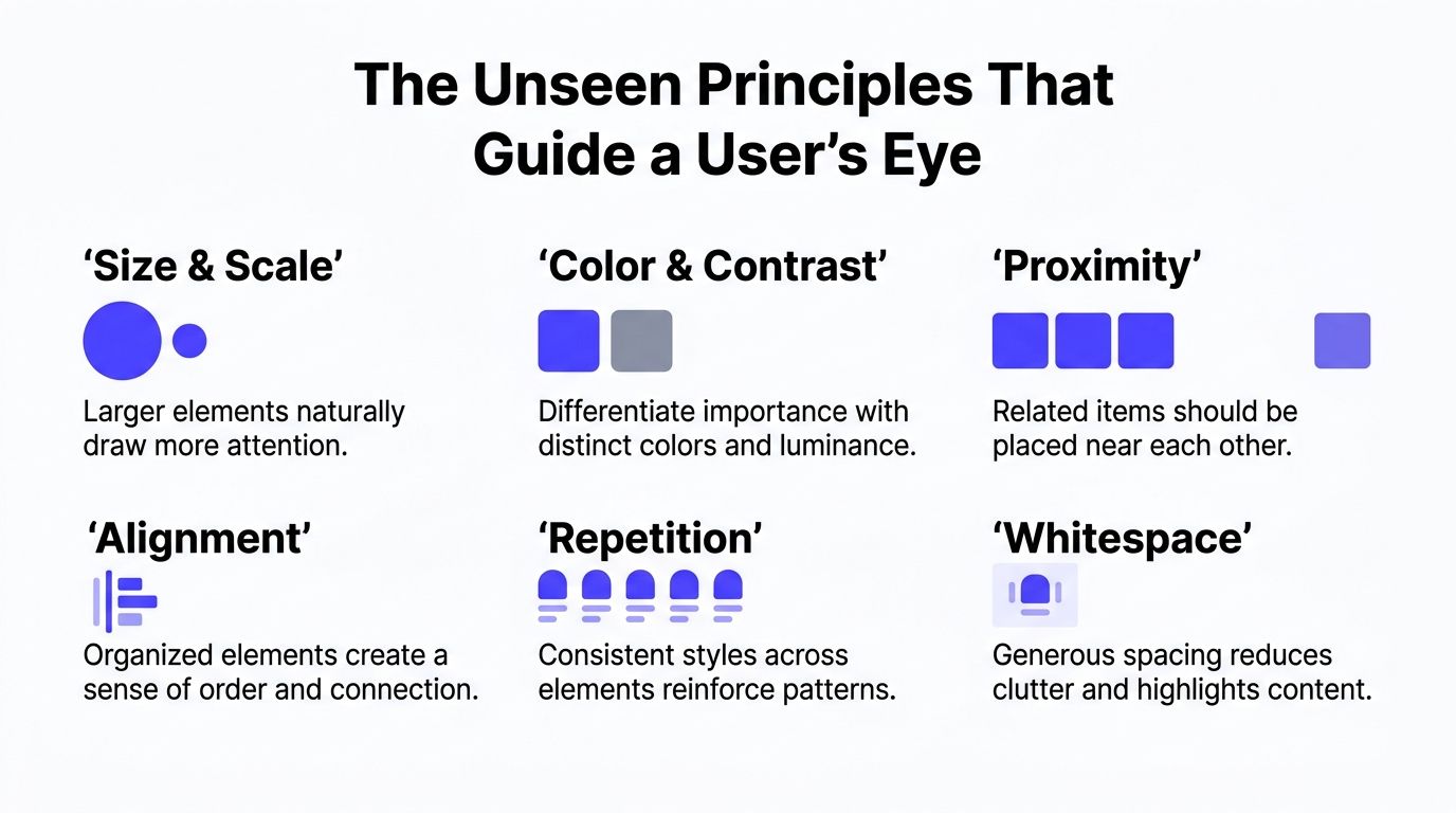 An infographic detailing design principles including size and scale, color and contrast, proximity, alignment, repetition, and whitespace.