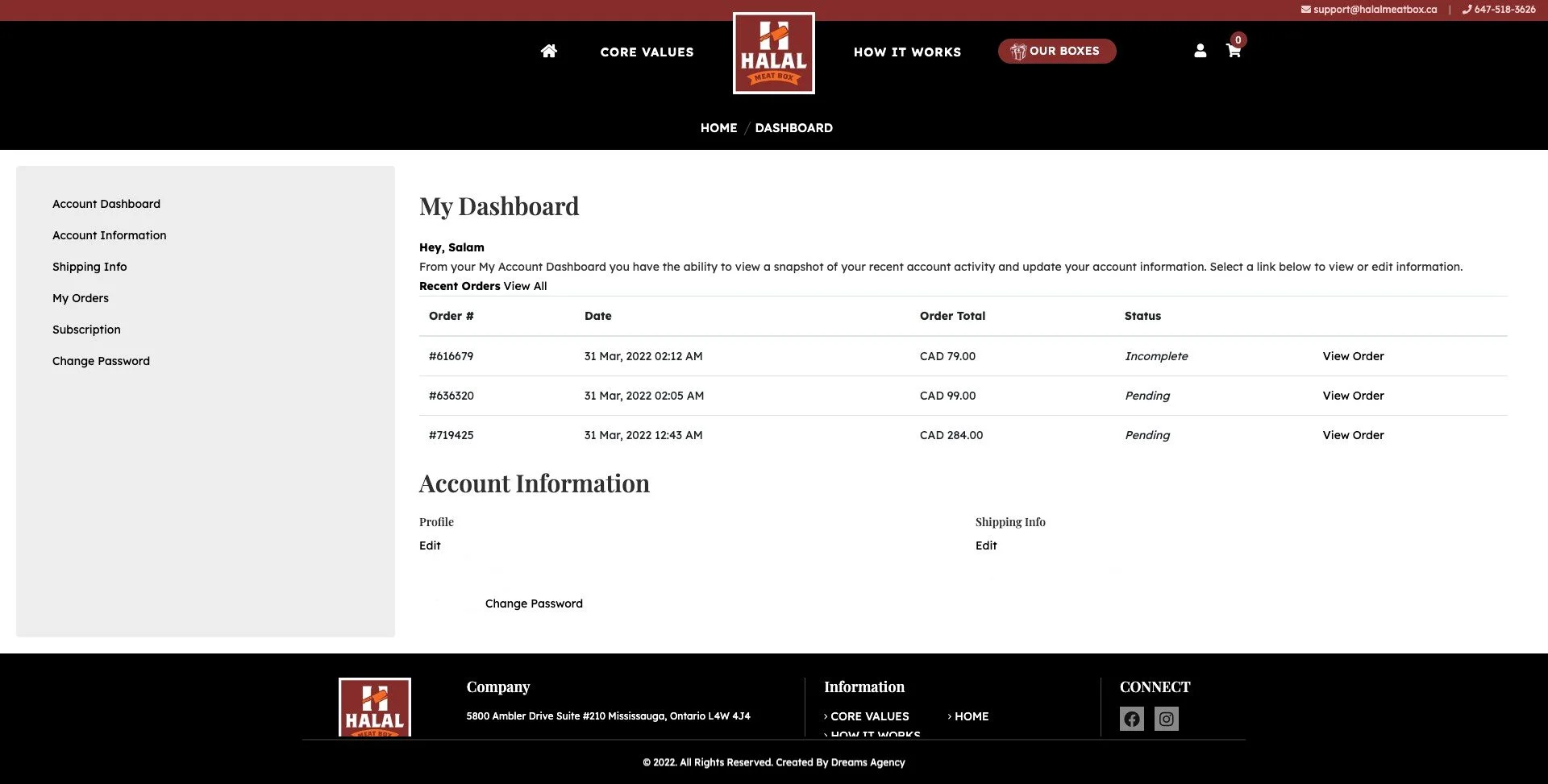 account dashboard page for halal meat box website developed & designed by Dreams Agency Mississauga, Ontario