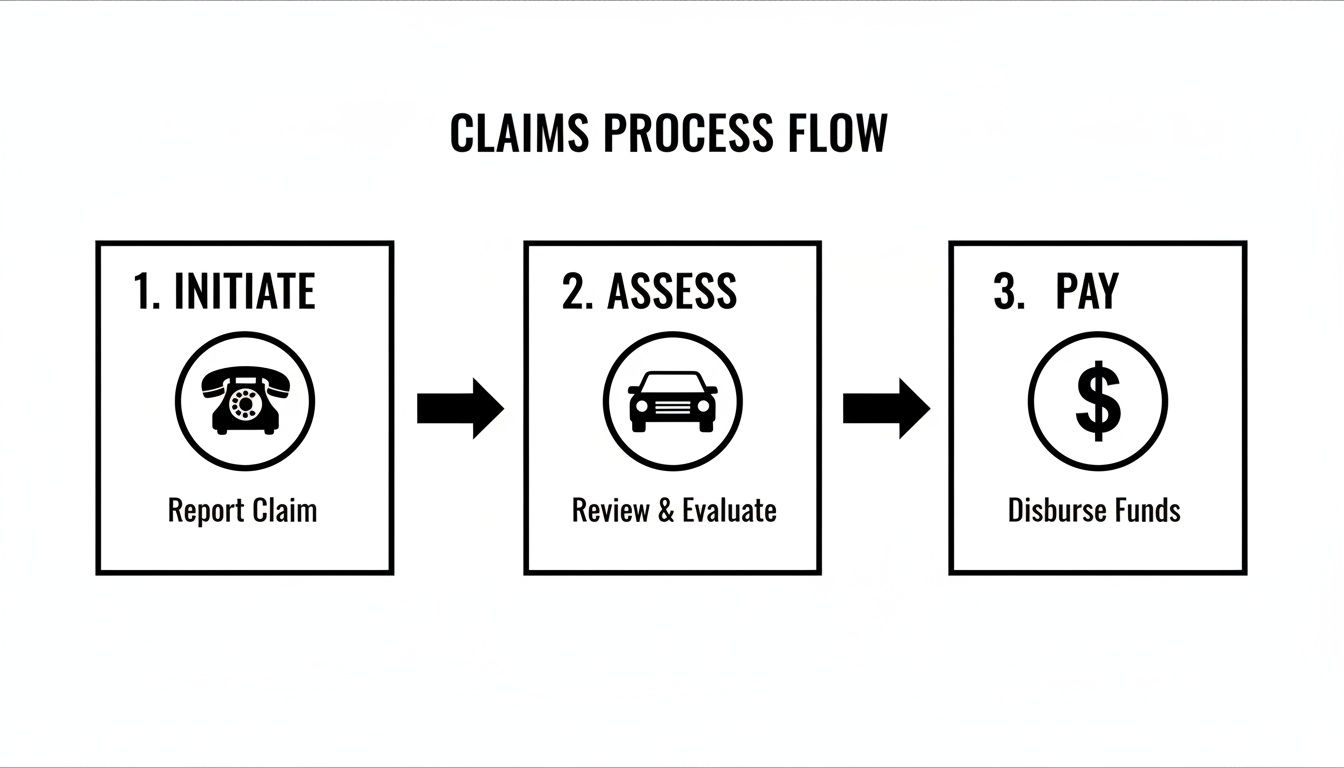 A three-step claims process flow diagram showing initiation, assessment, and payment.