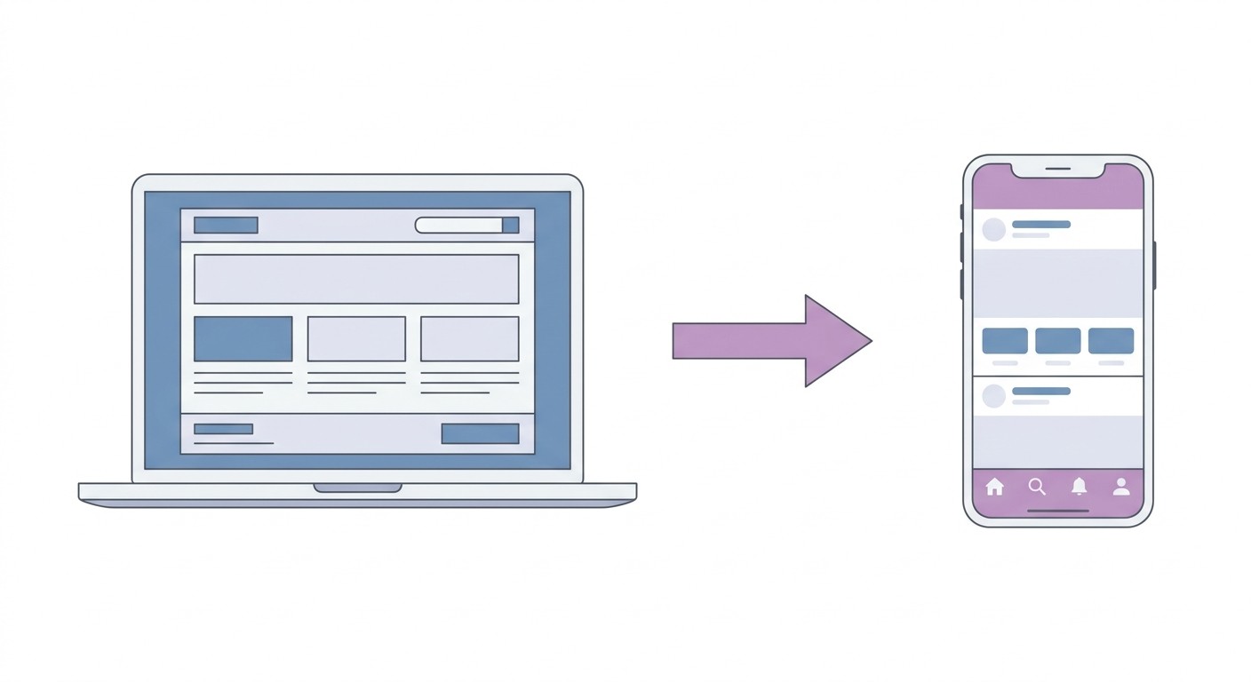 Illustration showing responsive design: a desktop website layout transforming into a mobile app interface via an arrow