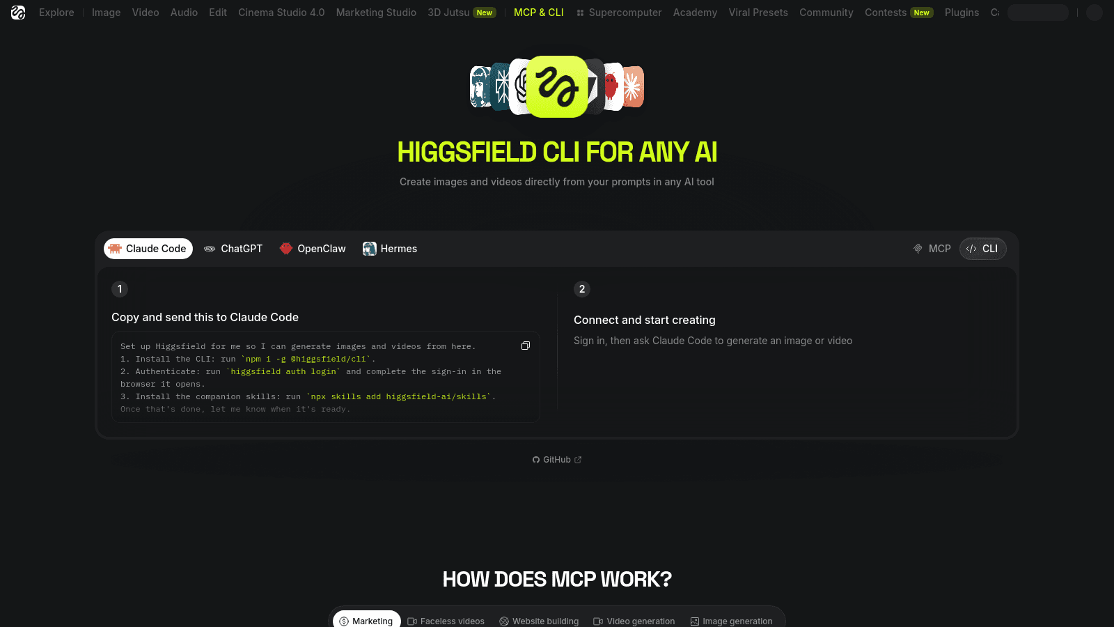 Higgsfield AI CLI documentation page showing installation instructions for integrating with Claude Code, ChatGPT, and other tools.