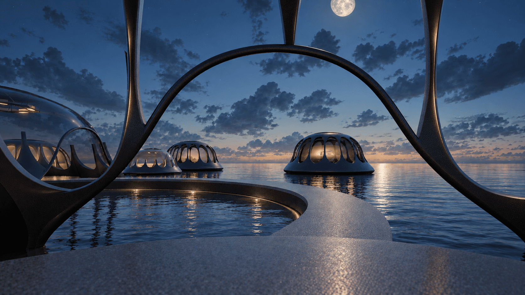 A curved black archway framing floating cinema pods over the water at night.
