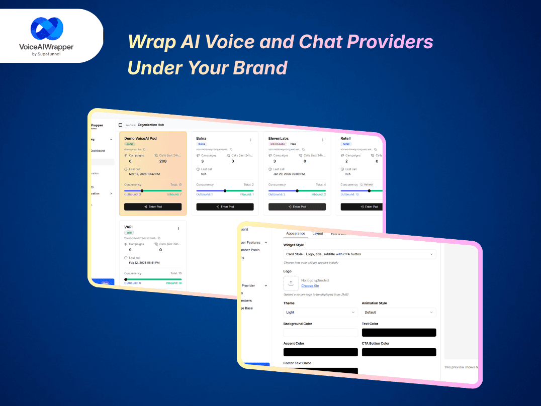 Split feature with white-label Vapi Retell ElevenLabs Bolna Ultravox, branded client portals, and launch your AI wrapper platform in under an hour | VoiceAIWrapper.