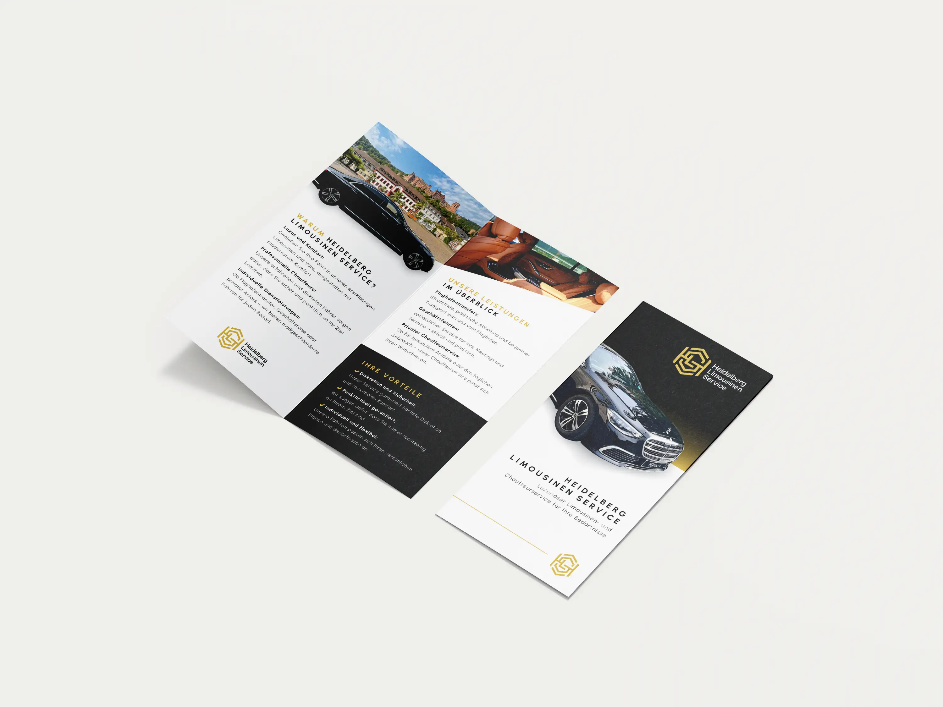 Trifold-Flyer-Mockup für den Heidelberg Limousinen Service, den luxuriösen Chauffeurservice