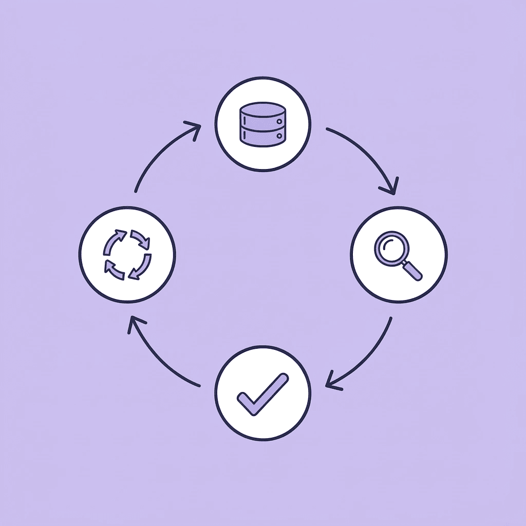 Circular diagram showing the five-step RAG process: load documents, chunk text, embed data, store in vector database, and retrieve for LLM responses