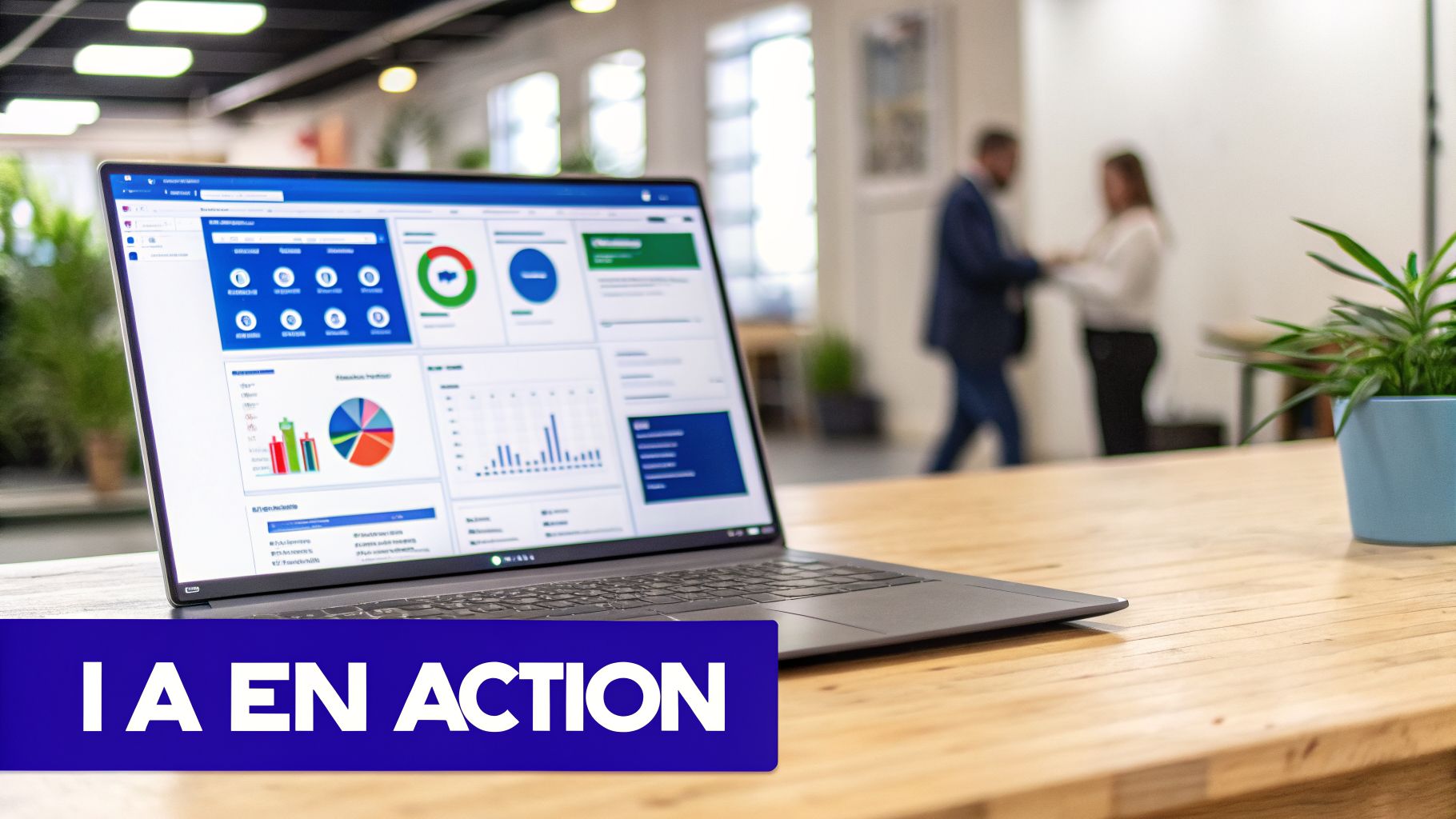 Ordinateur portable présentant des tableaux de bord et graphiques financiers. En arrière-plan, deux personnes travaillent dans un bureau moderne.