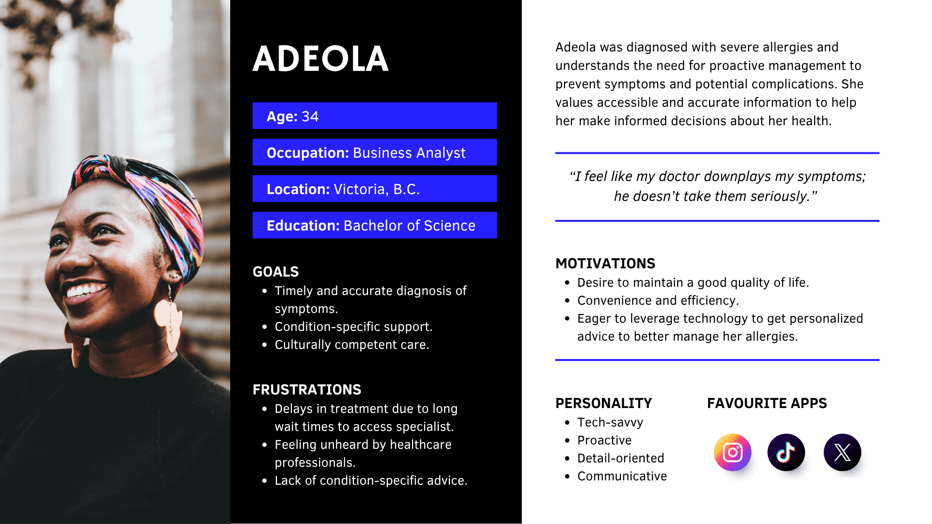 The user persona of Adeola.