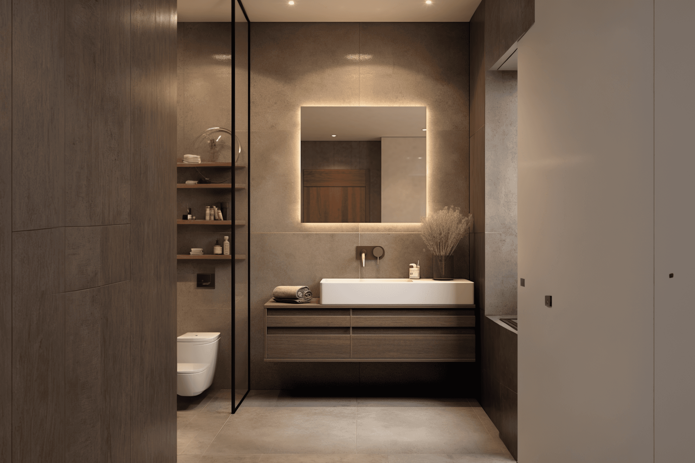Modern Washroom with light mirror and dark theme