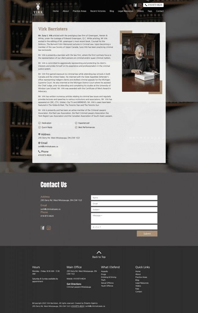 About us page for virkbarristers website developed & designed by Dreams Agency Mississauga, Ontario