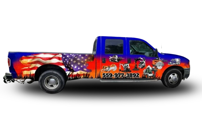 Patriotic concrete truck from John Alonso Concrete parked at a Fresno jobsite