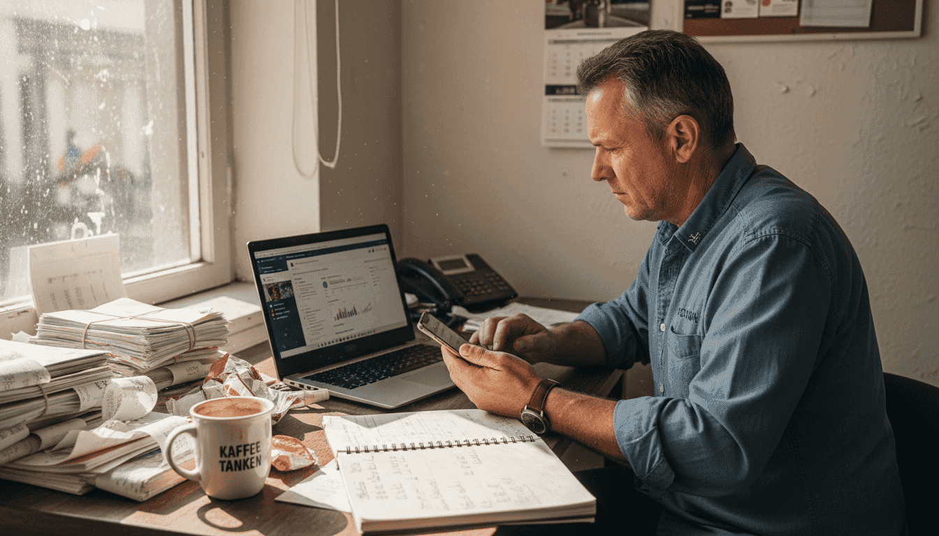 Ein Unternehmer prüft, welche sozialen Netzwerke am besten zu seinem Geschäft passen.