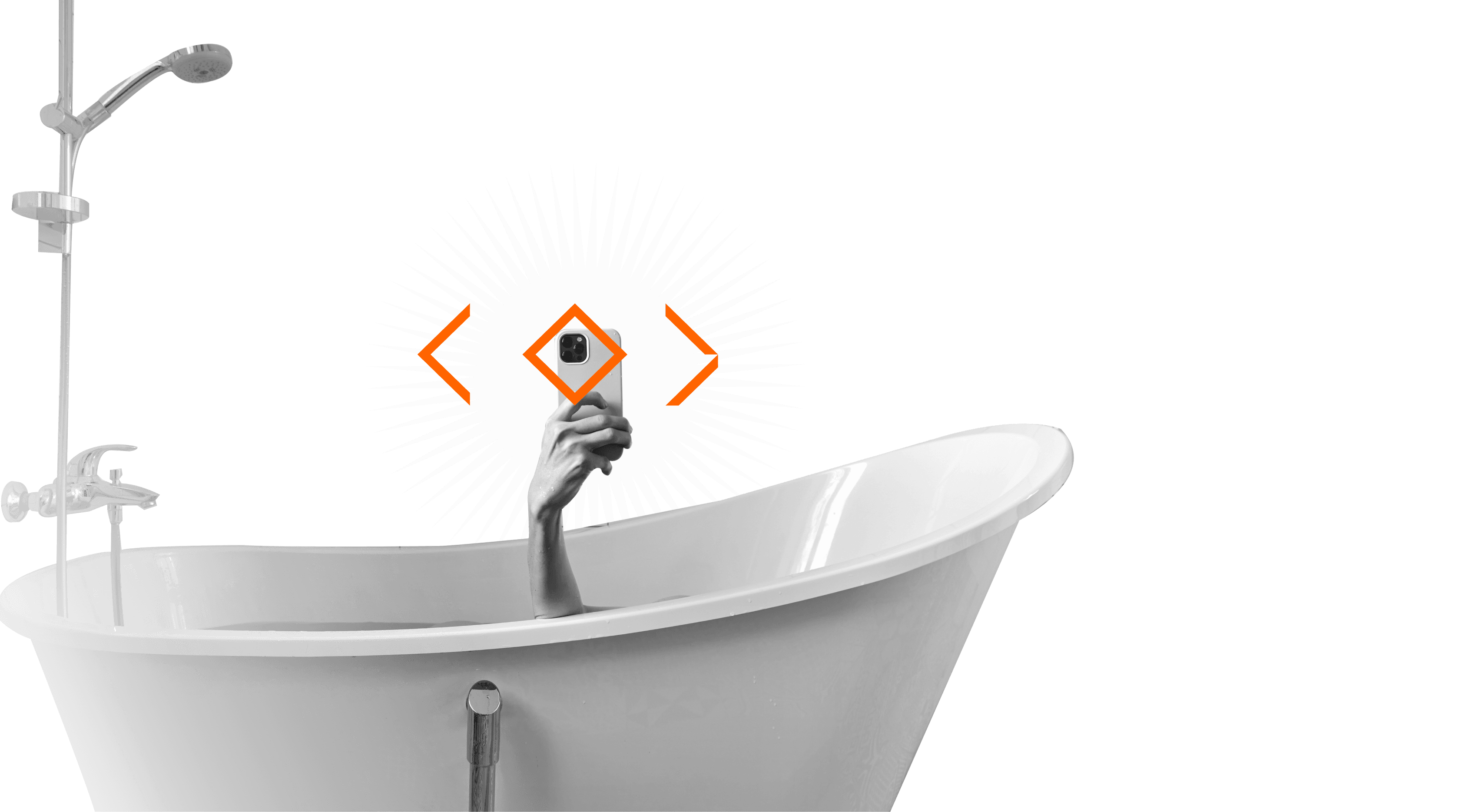 An illustration of a hand holding a phone out of a bathub.