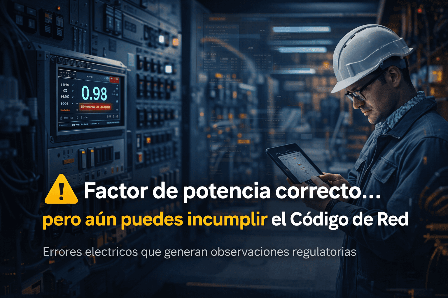 Ingeniero industrial revisando analizador de calidad de energía en subestación eléctrica que muestra factor de potencia 0.98 y alerta de distorsión armónica en tablero eléctrico moderno.