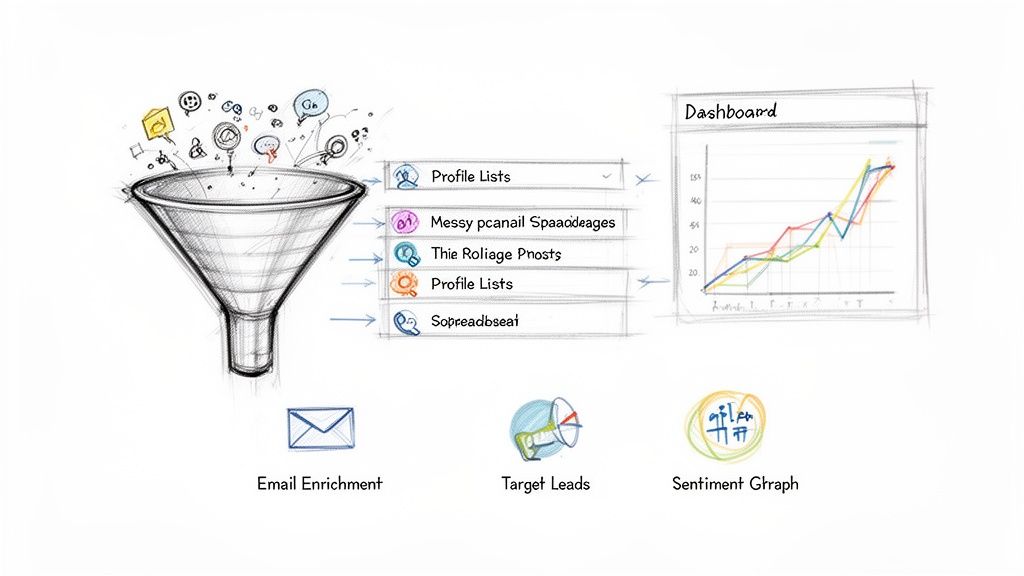 Sketch of a funnel processing social media data into profile lists, a dashboard, email enrichment, and target leads.