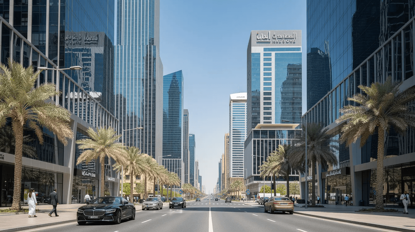 The image depicts a vibrant modern business district in Dubai, characterized by sleek glass office towers reaching towards a clear blue sky. This dynamic environment reflects the innovative digital solutions offered by leading web design agencies in Dubai, catering to diverse industries and enhancing their digital presence.