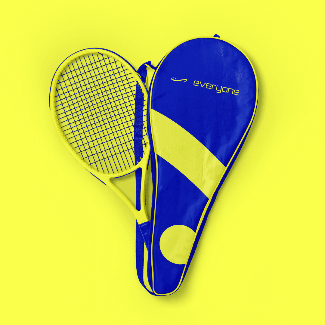 Yellow tennis racket leaning against a blue and yellow branded cover for Everyone.