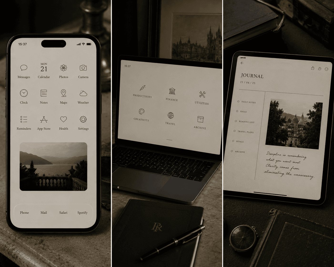 A three-panel collage displaying a cohesive, minimalist digital ecosystem across Apple devices set on a dark wood desk. The left panel shows an iPhone screen with a light beige home screen layout, minimal line-art app icons, and a scenic lakefront photo widget. The middle panel shows a open laptop screen with a clean grid of categorized folders including Productivity, Finance, and Travel on a warm neutral background. The right panel displays a tablet screen showing an editorial digital journal app with handwritten notes and a black-and-white photo widget, surrounded by vintage leather books and a fountain pen.