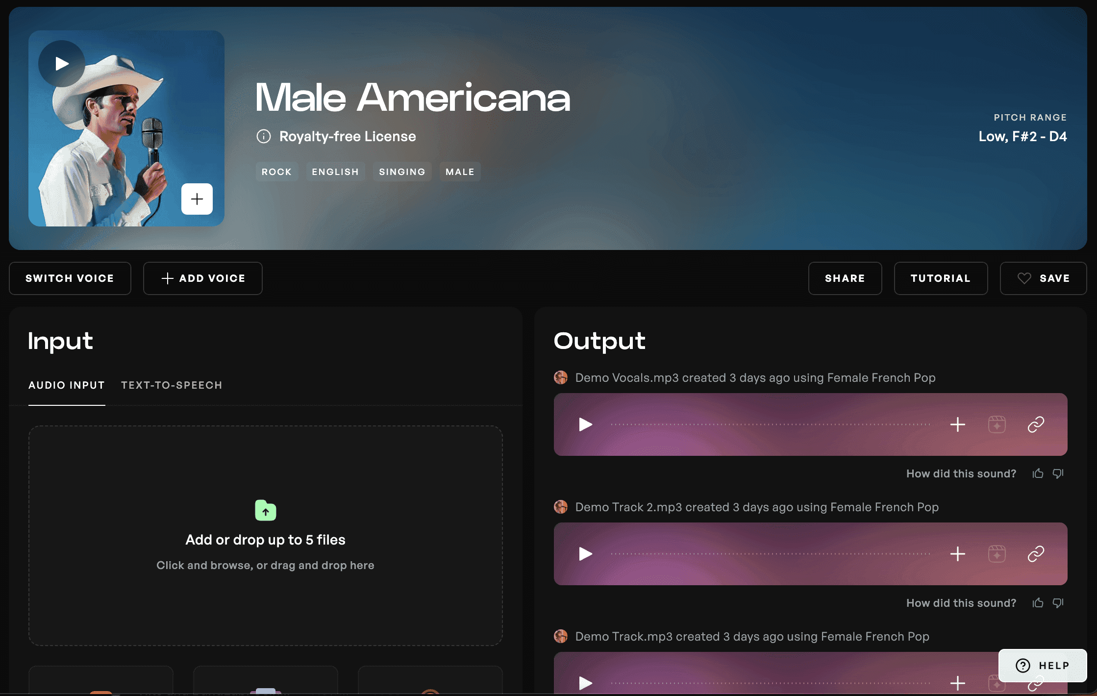 Kits AI voice conversion page with the Male Americana voice selected