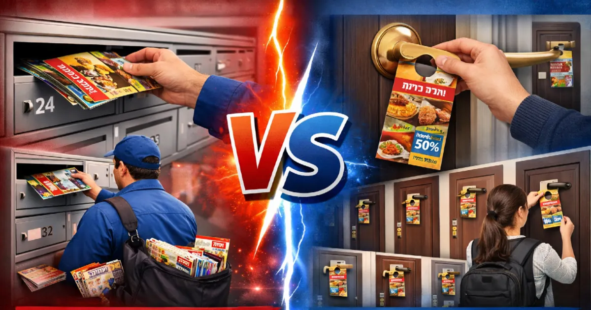 `השוואה בין הפצת פלאיירים לתיבות דואר מול תלי דלת על ידיות הדלת — שתי שיטות הפצה מקצועיות`