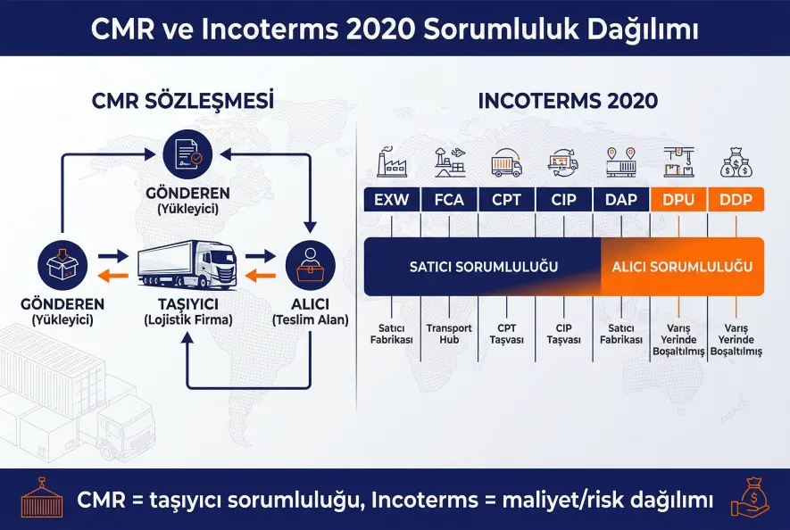 CMR sözleşmesi ve Incoterms 2020 farkı — uluslararası nakliye sorumluluk dağılımı şeması