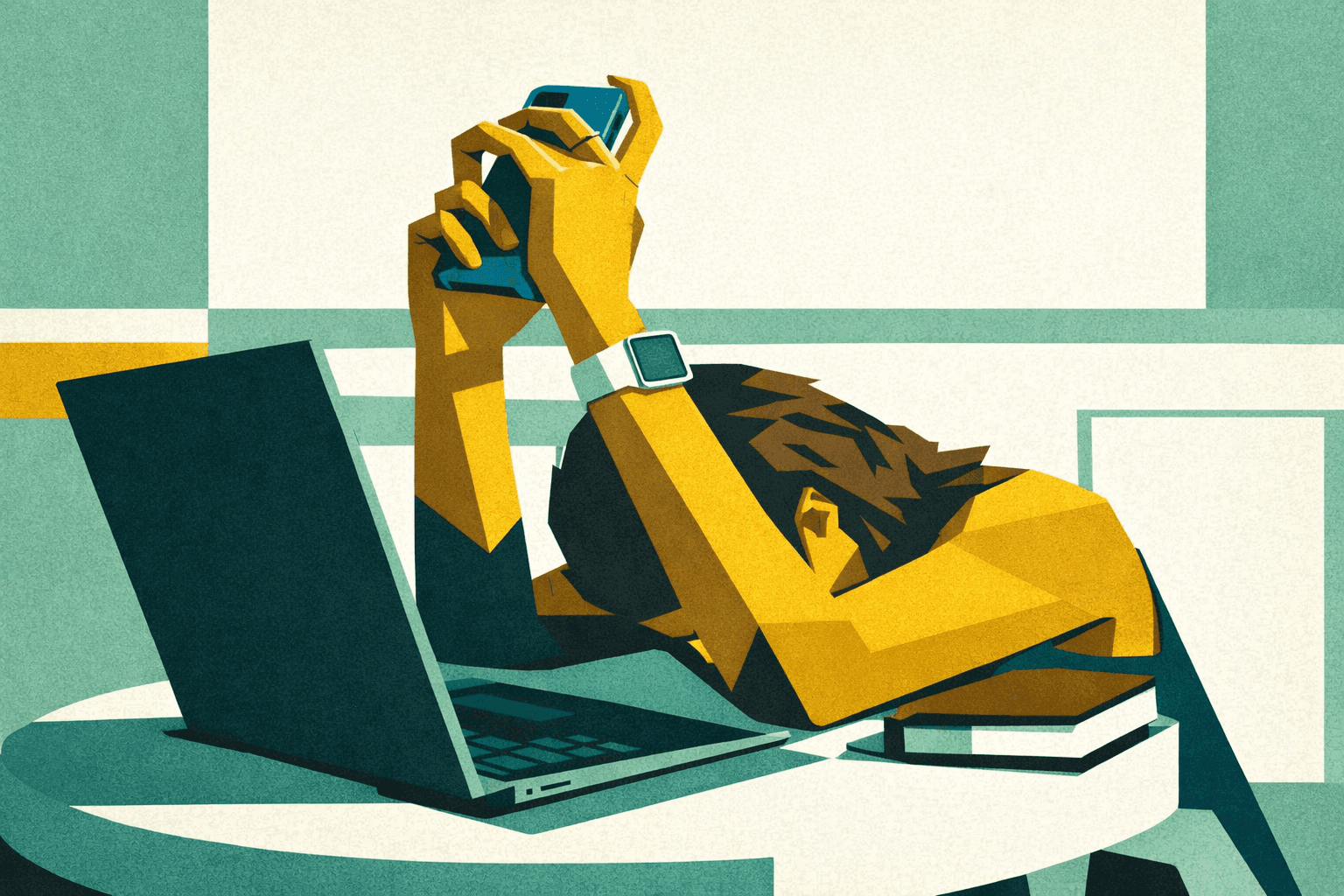 Manager sopraffatto dal lavoro che si rifugia nello smartphone, segnale di stress, disconnessione e perdita di motivazione