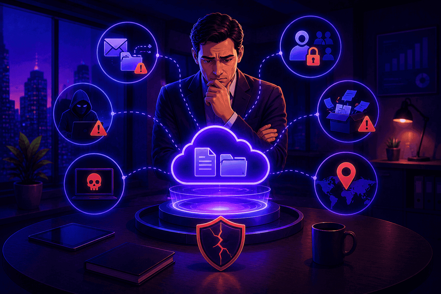 Business manager evaluating SaaS security risks through visual indicators of data exposure, access control, and cloud vulnerabilities in a modern corporate environment.