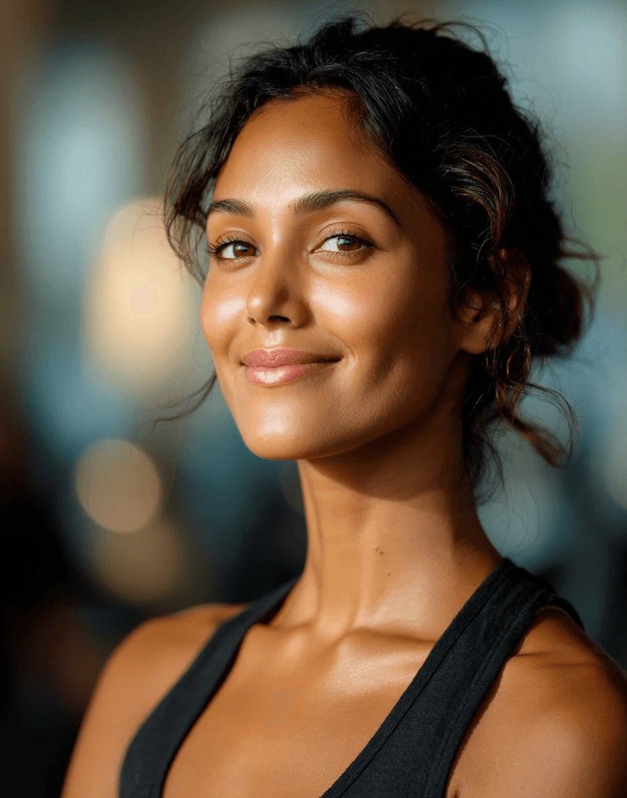Close-up of smiling dark-haired woman with glowing skin and brown eyes.