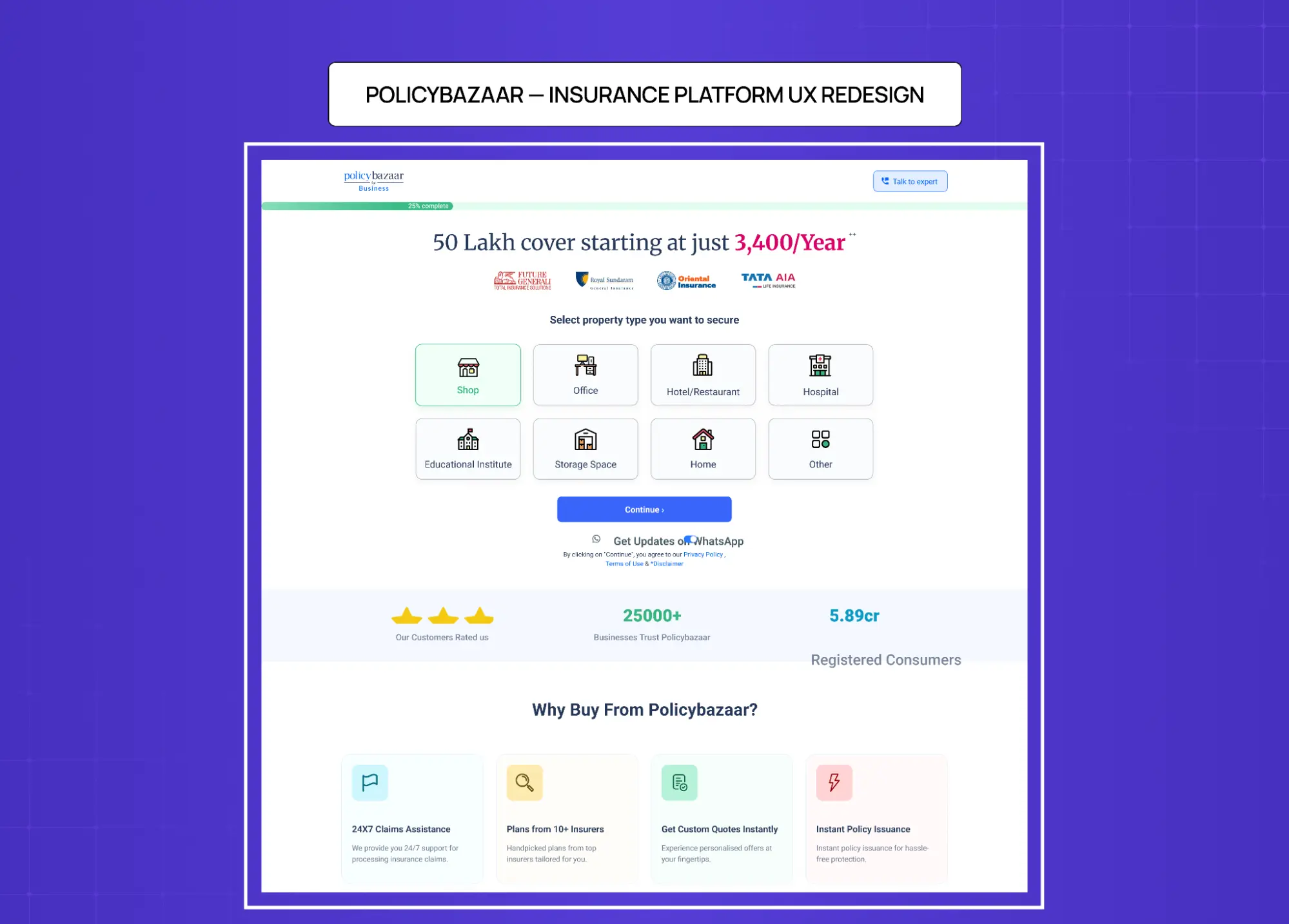 Policybazaar insurance platform redesign focused on business insurance selection and onboarding UX.