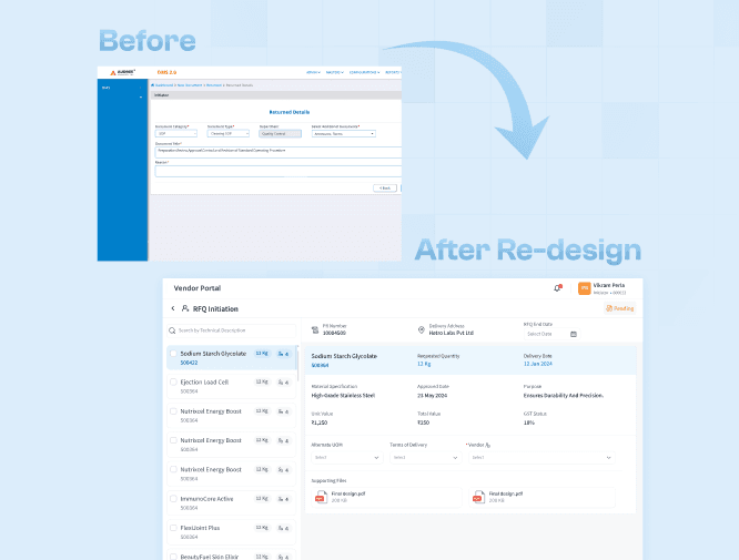 Vendor Portal software befor and after redesigniing screens