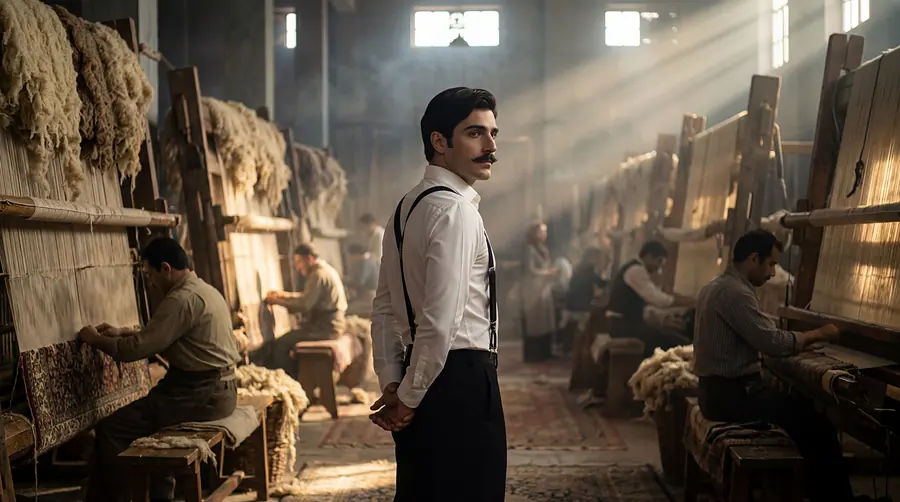 A young man in shirtsleeves standing among the looms of a carpet works
