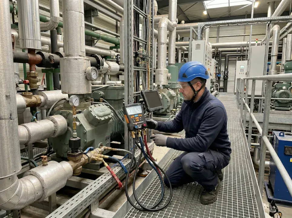 Technicien de maintenance vérifiant un système de régulation HP BP industriel avec un manomètre numérique dans une salle technique.