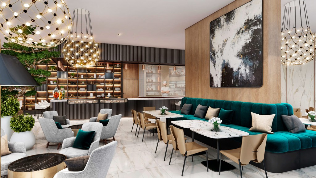 A modernly furnished hotel lobby at North 43, highlighting sleek furniture and a welcoming atmosphere.