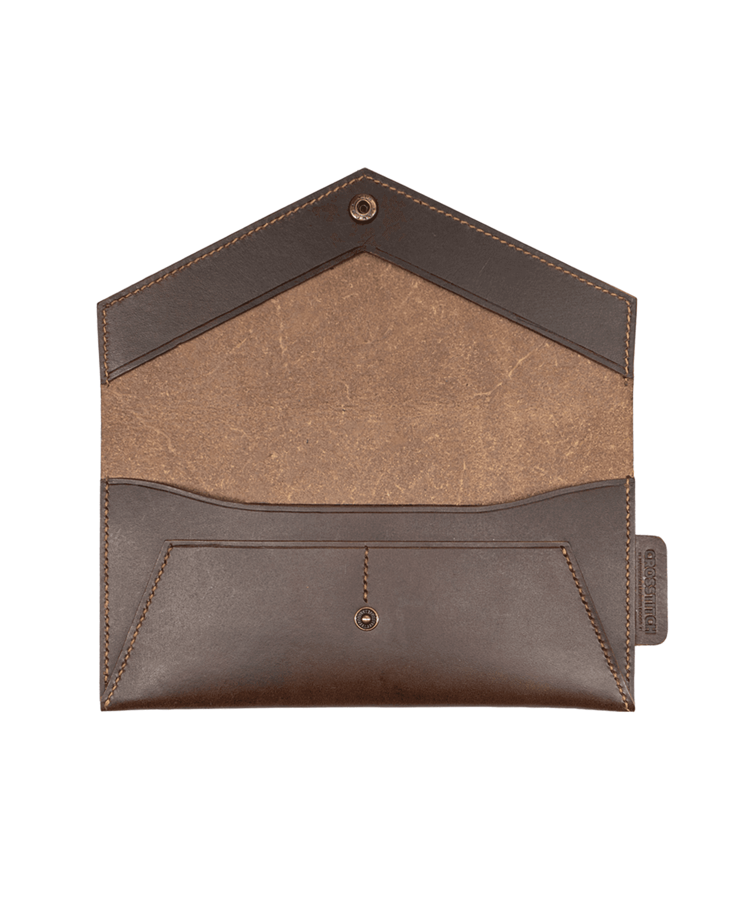 Interior of Crosstitch Leather’s brown vegetable-tanned money envelope, showing magnetic closure and internal pocket.