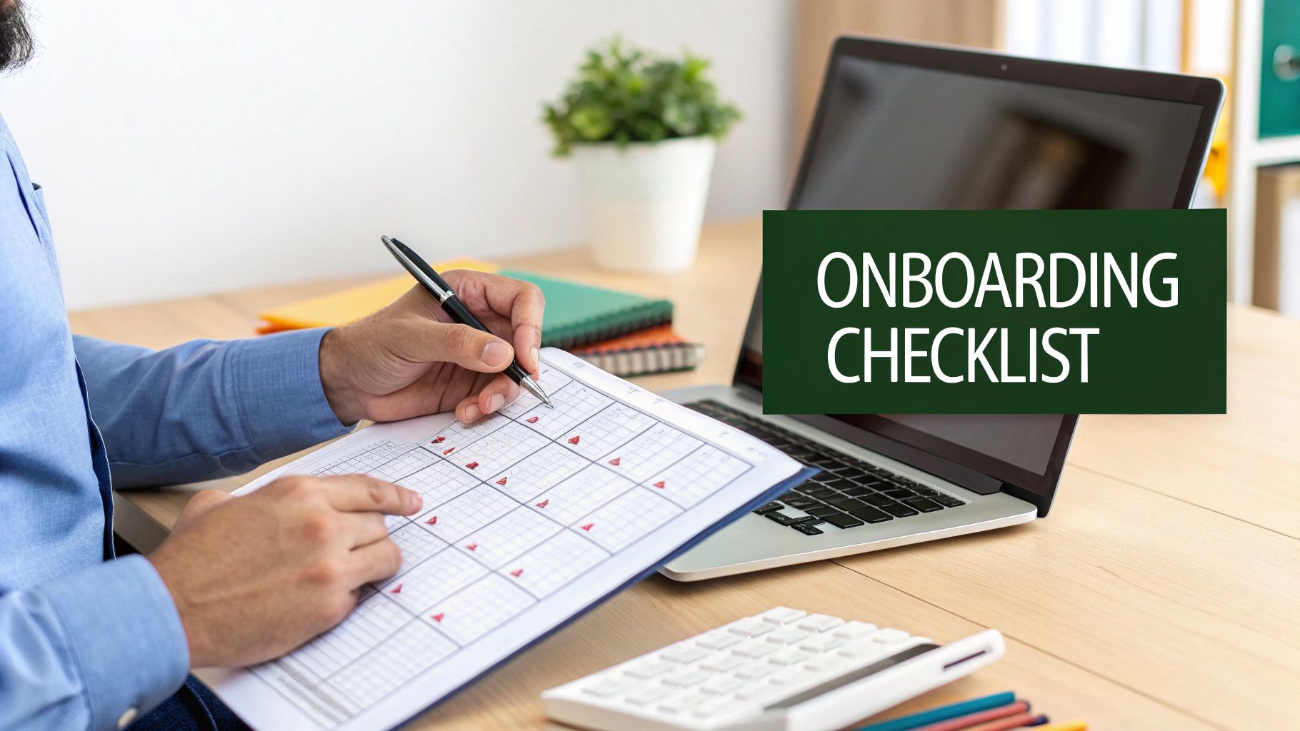 A person fills out an onboarding checklist with a pen, next to a laptop displaying 'ONBOARDING CHECKLIST' for new hires.