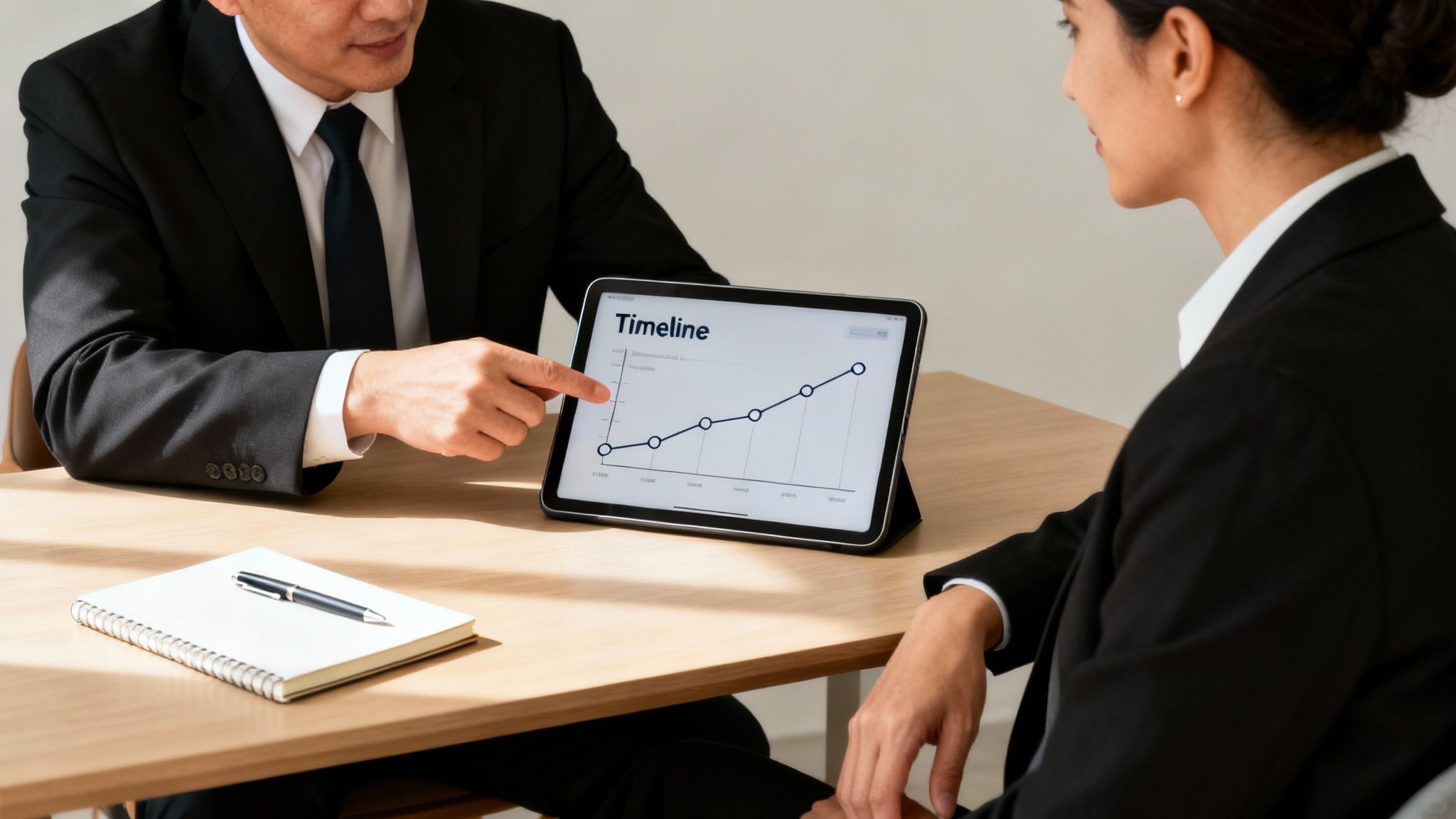 Two business professionals review a progress timeline chart on a digital tablet.
