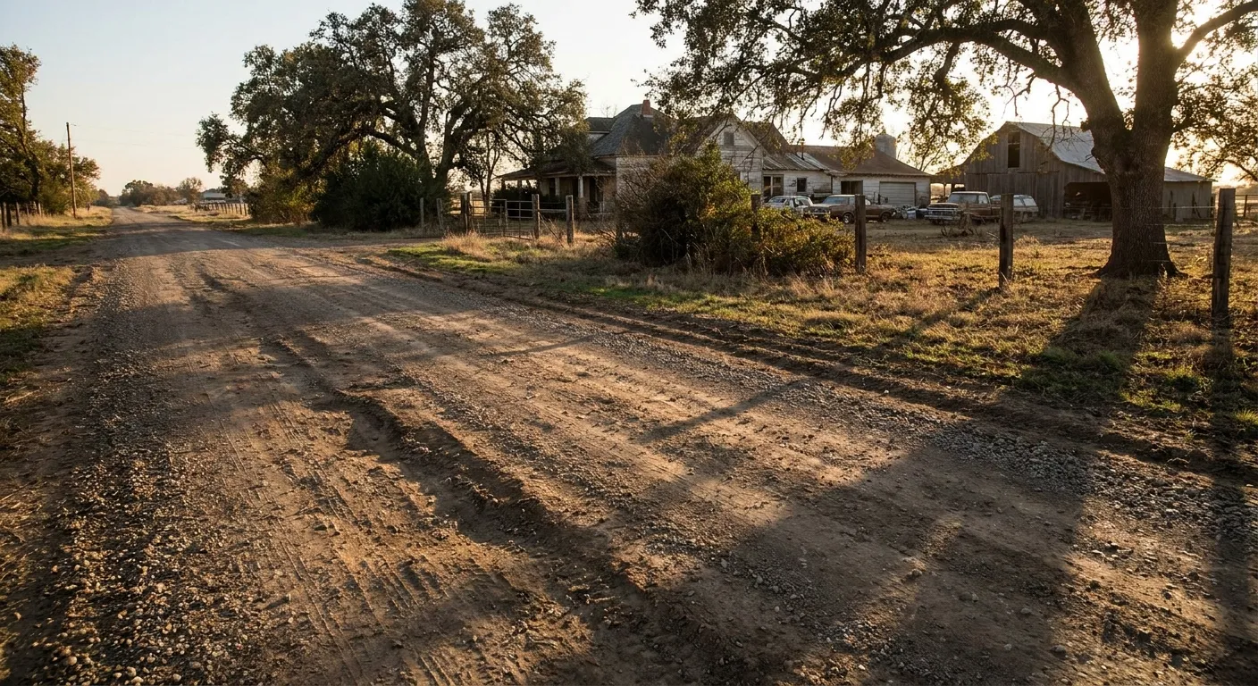 Rural road at sunset by a farm, showcasing RockN' Socials Digital Marketing Agency.