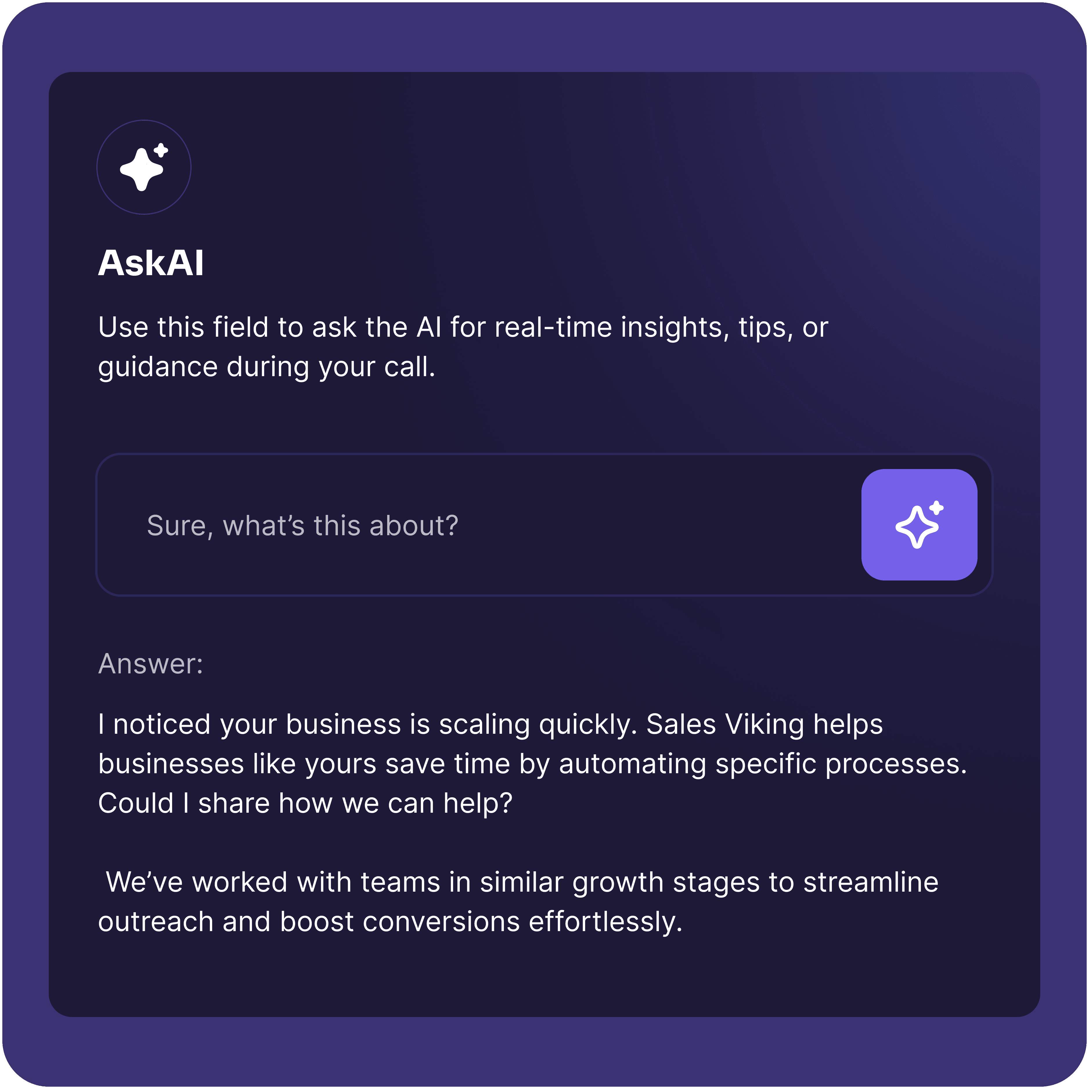Image of an AI assistant interface during a live call, displaying a user query and an AI-generated sales response.