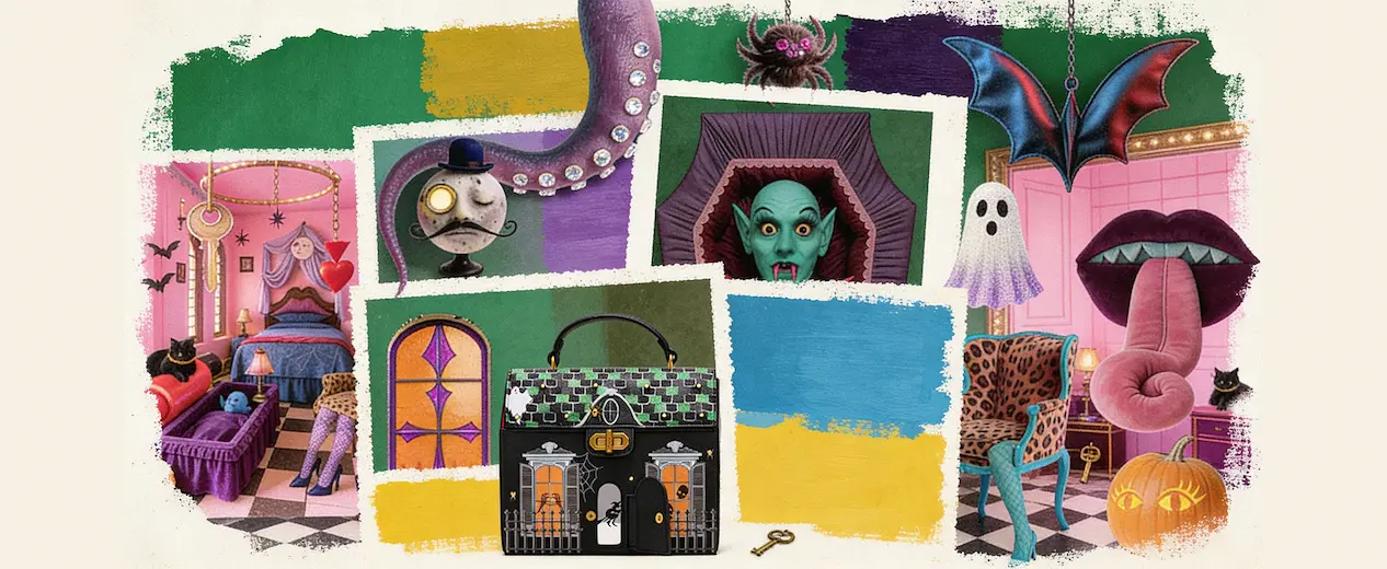 Surreal Halloween collage featuring a haunted house handbag, a green-skinned vampire, and whimsical gothic vignettes on a colorful, painted background.