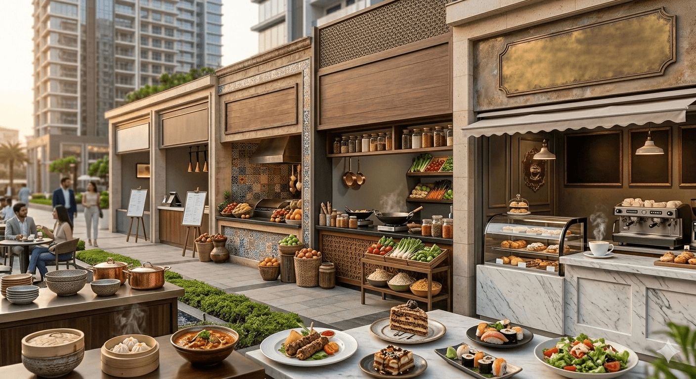 Vibrant outdoor food court and upscale dining street with global cuisine in Sector 65 Gurugram